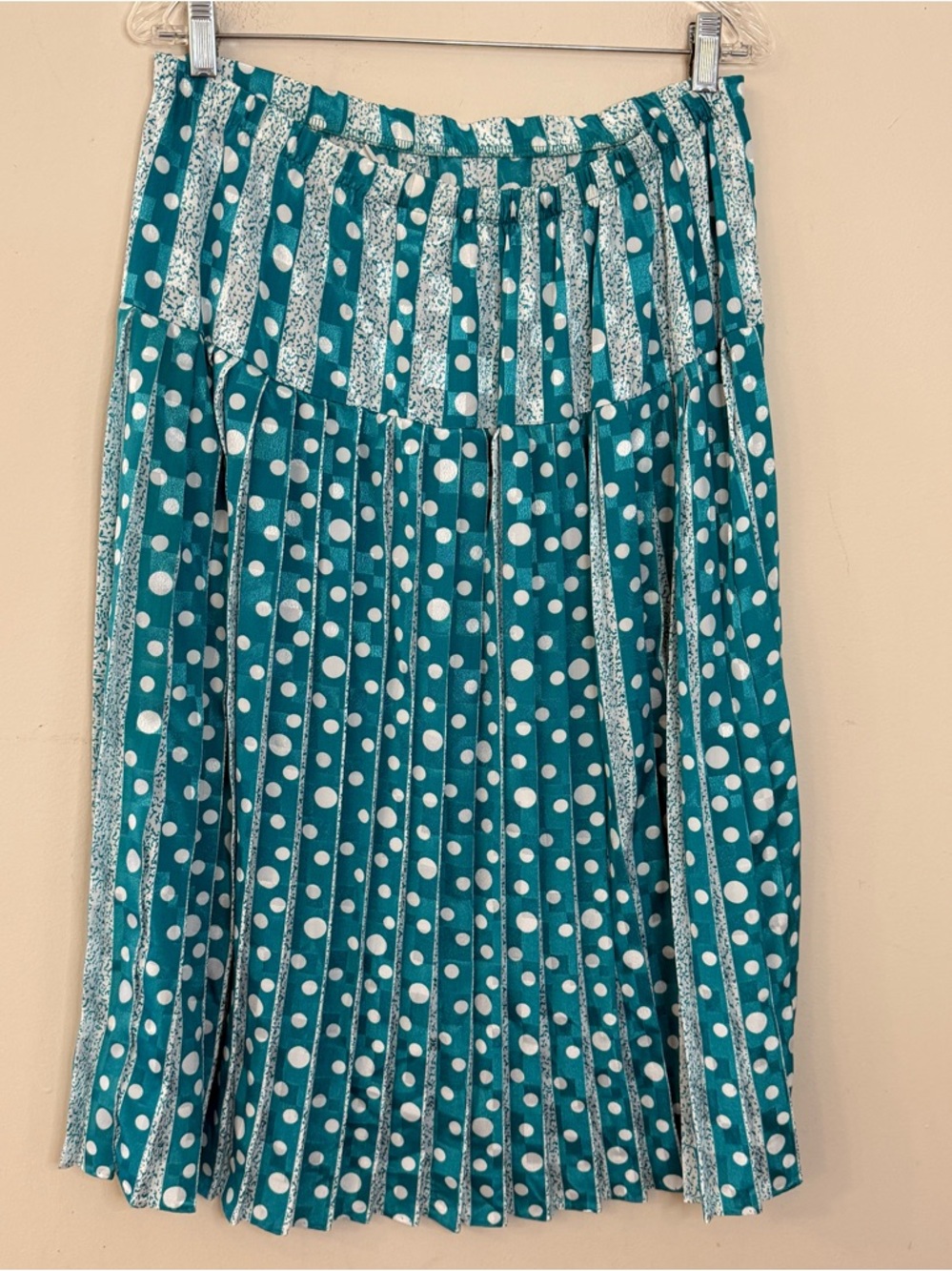 Vintage pleated midi skirt teal white polka dot stripe checker SZ 18